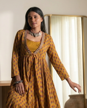 Woman in a patterned dress standing in a room with decor elements.