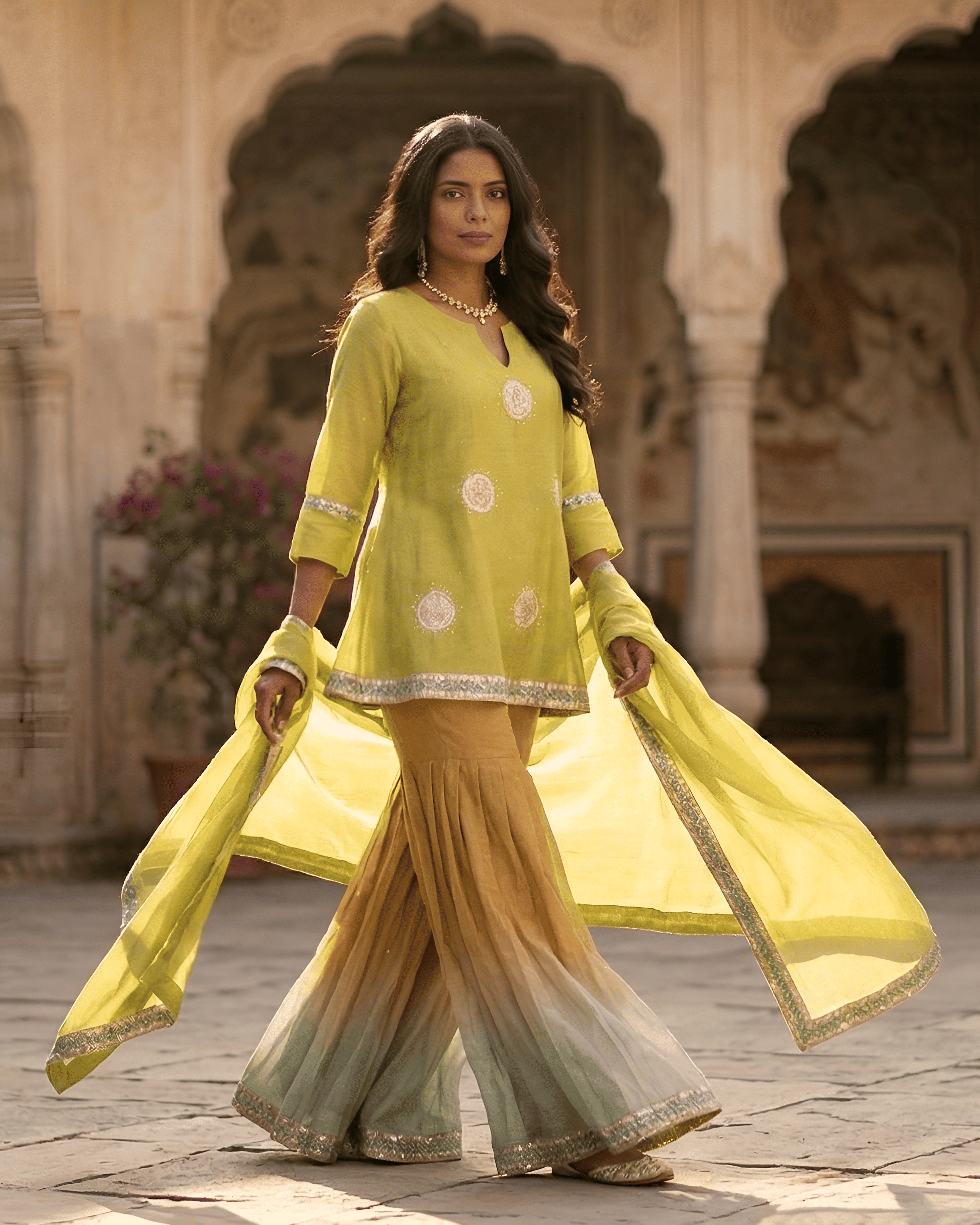 Woman in a traditional outfit with a yellow and green dress in an outdoor setting.slider_item_gNf49c