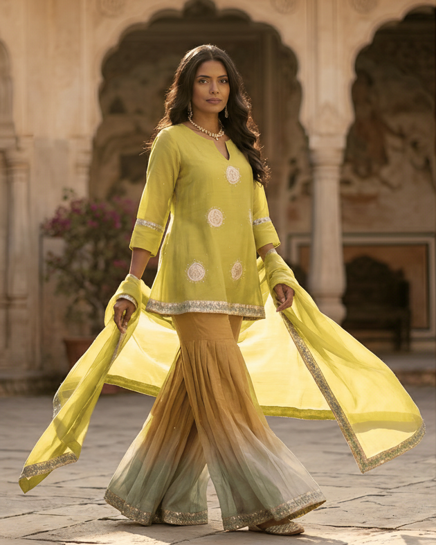 Woman in a traditional outfit with a yellow and green dress in an outdoor setting.slider_item_gNf49c